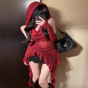 레드 메쉬 탑 스트리트웨어 후드 티셔츠를 통해 볼 수 있습니다. 불규칙한 프릴 오버 슬리브 탑 여성용 섹시한 Y2k 의류