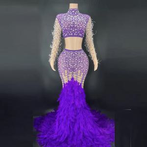 생일 파티 투피스 세트 긴 럭셔리 페르시 깃털 드레스 현대 무용 의상 파티 웨딩 긴 소매 가운 칵테일 럭스