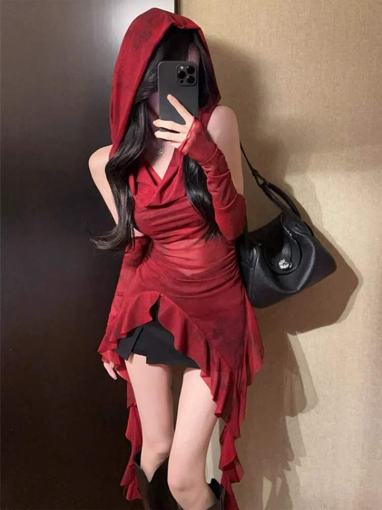레드 메쉬 탑 스트리트웨어 후드 티셔츠를 통해 볼 수 있습니다. 불규칙한 프릴 오버 슬리브 탑 여성용 섹시한 Y2k 의류