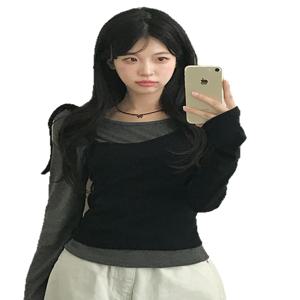 불규칙한 투피스 탑 컬러 블록 캐주얼 티셔츠 여성용 초가을 루즈핏 셔츠와 바지 세트 (중국산)