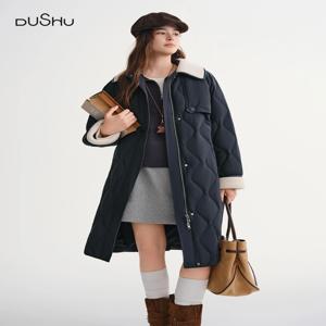 DUSHU 신상 여성 빈티지 컬러 블록 다운 재킷 2025 겨울 따뜻한 화이트 덕 다운 코트 캐주얼 아웃도어 파카 일상 출퇴근용