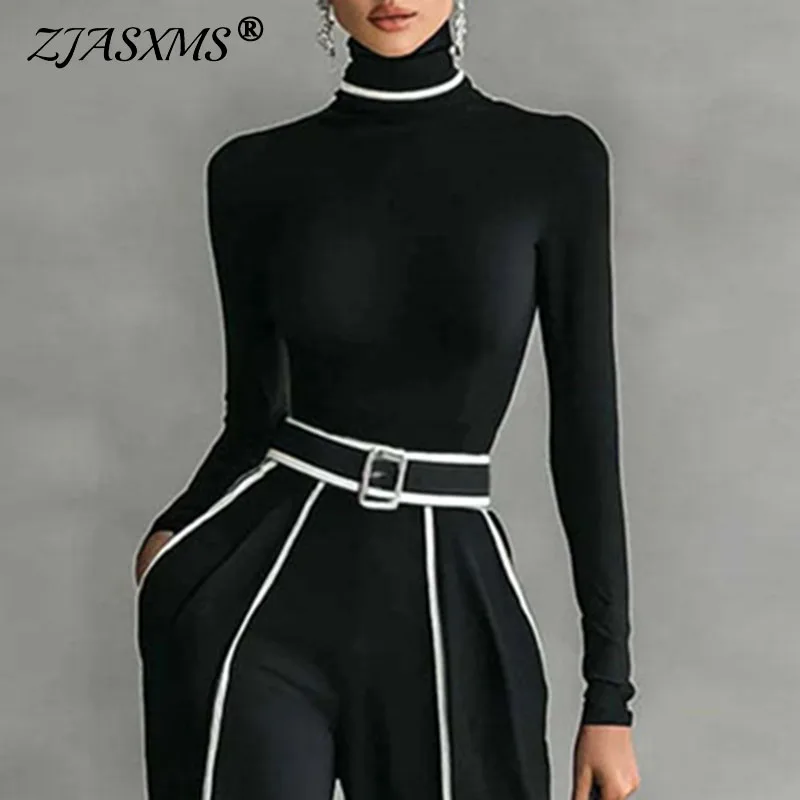 가을 스트라이프 프린트 패치워크 여성 오버올 우아한 스탠드 칼라 슬림 탑 풀오버 & 와이드 레그 바지 세트 겨울 의상 세트