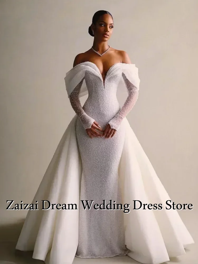 맞춤형 럭셔리 탈부착 가능한 2 in 1 인어 웨딩 드레스 레이스 스팽글 트레인 V넥 풀 슬리브 신부 드레스 베스티도 데 노비아