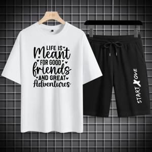 남성용 세트 여름 빠른 건조 라이프 이즈 스타트 라이브 프린트 그래픽 티셔츠 세트 남성 스포츠 세트 조깅 세트 반팔 티셔츠