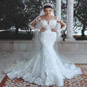 반짝 이는 레이스 웨딩 드레스 인어 환상 몸통 vestido de noiva 긴 소매 쉬어 넥 아플리케 신부 가운 2020 봄