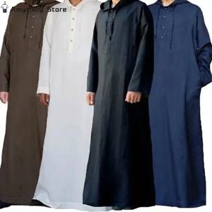 남성 후드 이슬람 패션 사우디 아라비아 남성용 긴 소매 Thobe 이슬람 의류 가운 솔리드 Kaftan 탑 이슬람 습관 민족 착용