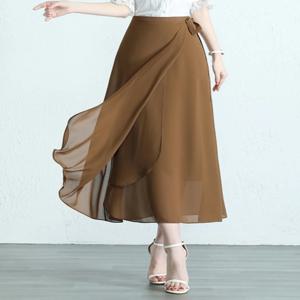 하이웨이스트 원피스 여름 스커트 여성용 쉬폰 슬림 A라인 스커트 얇은 소재 미디 스커트 폴리에스터 섬유