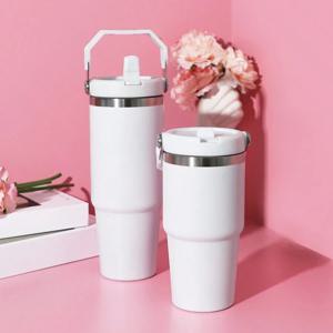 뚜껑이있는 1pc 진공 텀블러 눈부신 손잡이가있는 스테인레스 스틸 휴대용 물병 절연 텀블러 토트 핸들 20/30OZ