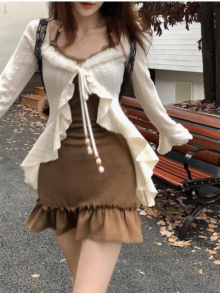 아메리칸 스타일 빈티지 2 조각 세트 매운 소녀 섹시한 민소매 미니 드레스 + 니트 프릴 Y2k 카디건 한국 패션 정장 여성