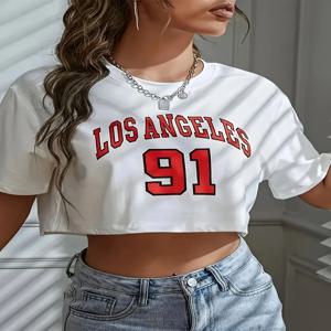 로스앤젤레스 넘버 91 그래픽 라운드 넥 스포츠 크롭 티셔츠 크루넥 캐주얼 러닝 운동 크롭 탑 여성 액티브웨어