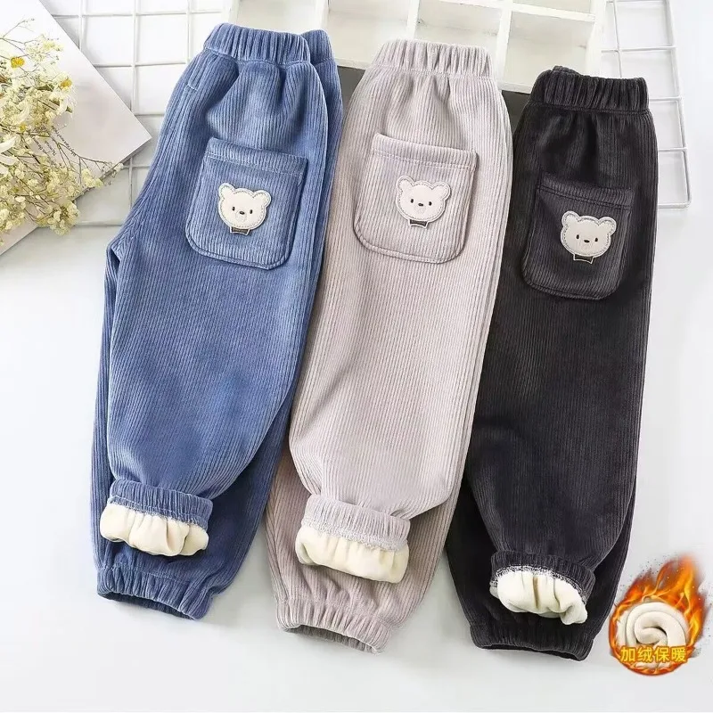 어린이용 따뜻한 바지, 가을 겨울, 여아용 두꺼운 바지, 귀여운 곰 인쇄, 캐주얼 하렘 바지
