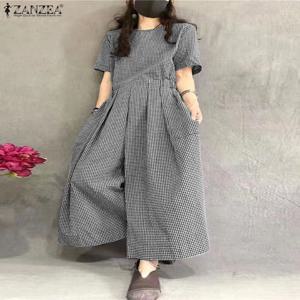 ZANZEA 짧은 소매 체크 넓은 다리 오버올 Pleated 허리 O 넥 느슨한 캐주얼 깅엄 점프 슈트 2024 Fashion Women Long Romper