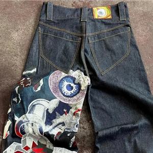 streetwear y2k 청바지 남성 여성 캐주얼 힙합 펑크 헐렁한 청바지 레트로 오버 사이즈 그래픽 자수 하이 웨이스트 와이드 레그 청바지