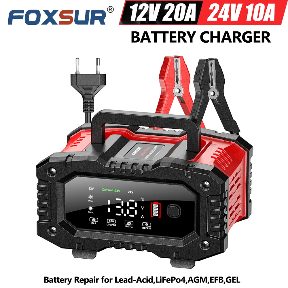 12V 20A & 24V 10A FOXSUR FPT-200 자동차 배터리 충전기 (모토 트럭 배터리 수리용, 납축전지 AGM LiFePo4 EFB GEL WET 호환)