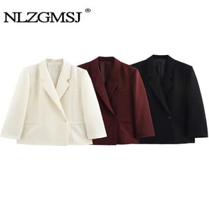NLZGMSJ 2025 봄 여성 오피스 블레이저 솔리드 포켓 V넥 긴팔 싱글 버튼 블레이저 패션 아우터웨어