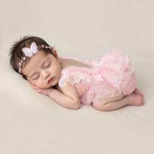 Ylsteed 블링 블링 신생아 사진 복장 나비 데코 핑크 아기 소녀 레이스 Romper 진주 머리띠 유아 사진 소품