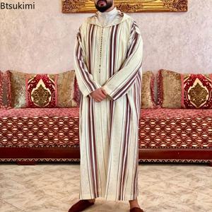 Eid 이슬람 남자 Jubba Thobe 간단한 캐주얼 줄무늬 Abayas 후드 긴 가운 이슬람 의류 두바이 Caftan 모로코 Jalabiya 라마단