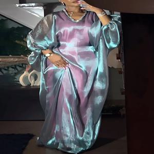 플러스 사이즈 봄 여름 정장 퍼플 오간자 V넥 랜턴 소매 7부 소매 라인스톤 맥시 드레스 2025