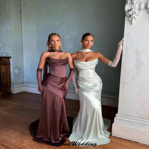 우아한 스트랩리스 여성 이브닝 드레스 2025 새틴 머메이드 플리츠 여성 파티 드레스 스윕 트레인 리본 정장 가운 맞춤 제작