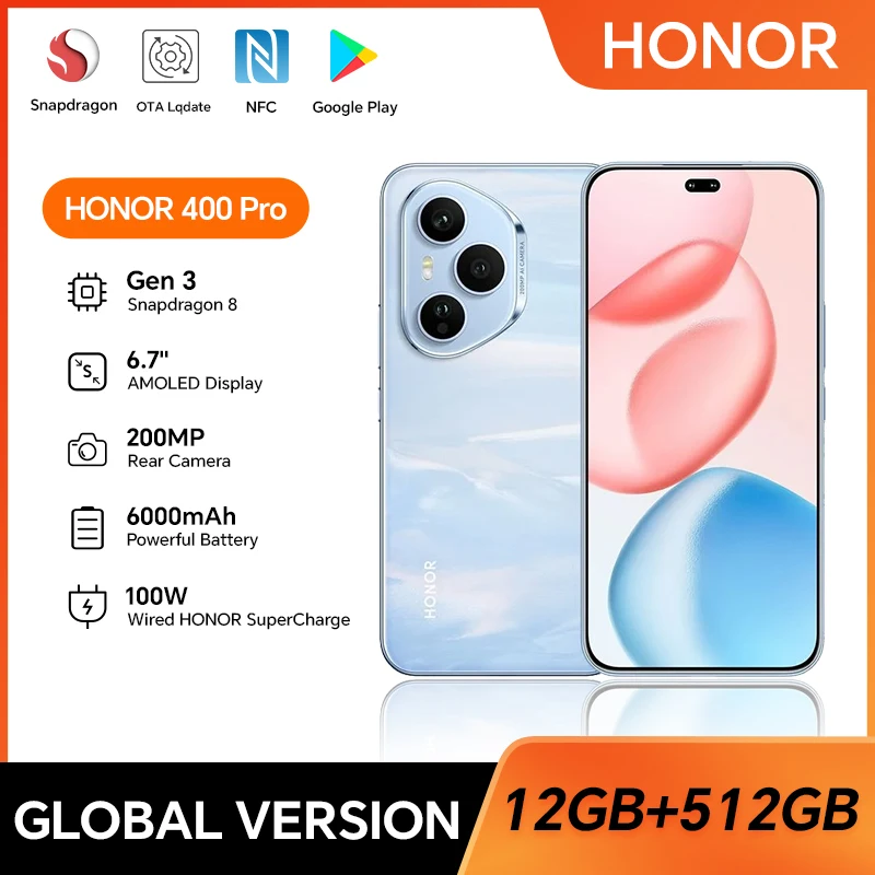 2025 새로운 HONOR 400 Pro 글로벌 버전 5G 스마트폰 200MP 카메라 스냅드래곤 8 Gen 3 6.7인치 AMOLED 스크린 100W 유선 50W 무선