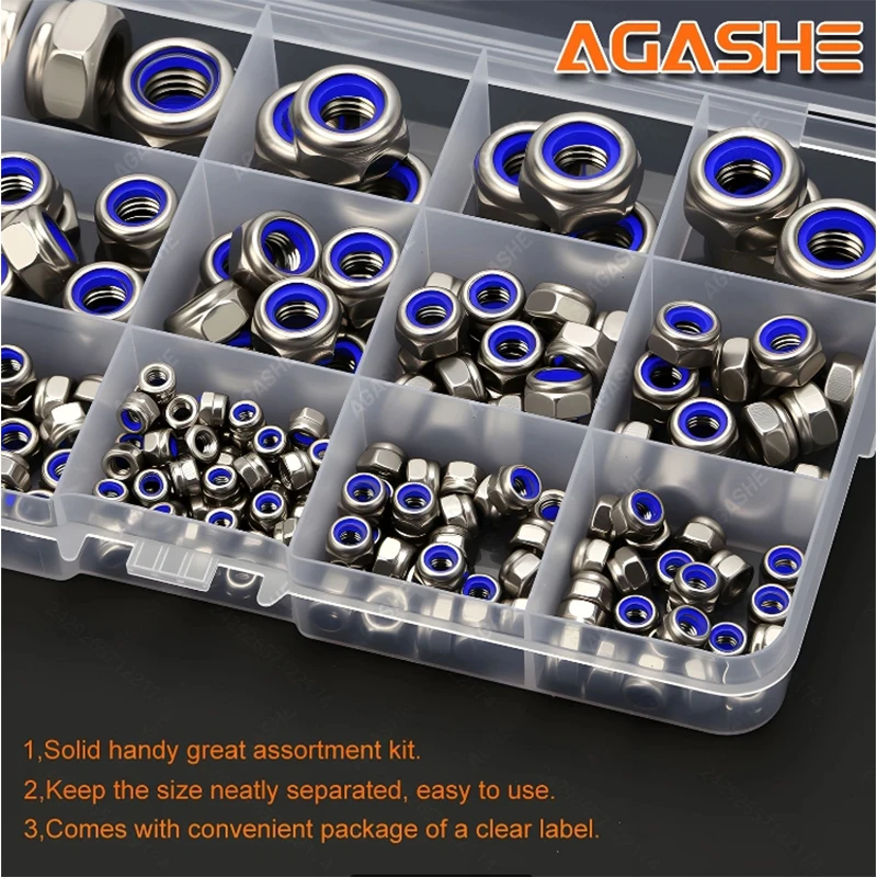AGASHE 170/220/240pcs 스테인레스 스틸 미터법 잠금 너트 키트, 나일론 인서트 육각 너트 M3-M12, 광택 처리, 부식 방지, V 방지