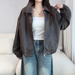 여성용 루즈핏 긴팔 가죽 재킷 더블 지퍼 칼라 가을 겨울 신상 패셔너블 다용도 고급스러운 느낌