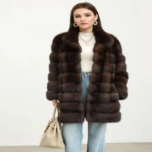 모조 모피 러시안 세이블 미디 길이 작은 라펠 여성용 상의 가을-겨울 스트리트 패션 따뜻한 피트 스트립 여성용 코트