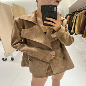 레트로 대형 라펠 칼라 스웨이드 가죽 양가죽 더블 브레스티드 재킷 여성용 트렌디 소프트 미디엄 롱 아우터웨어 여성 트렌드