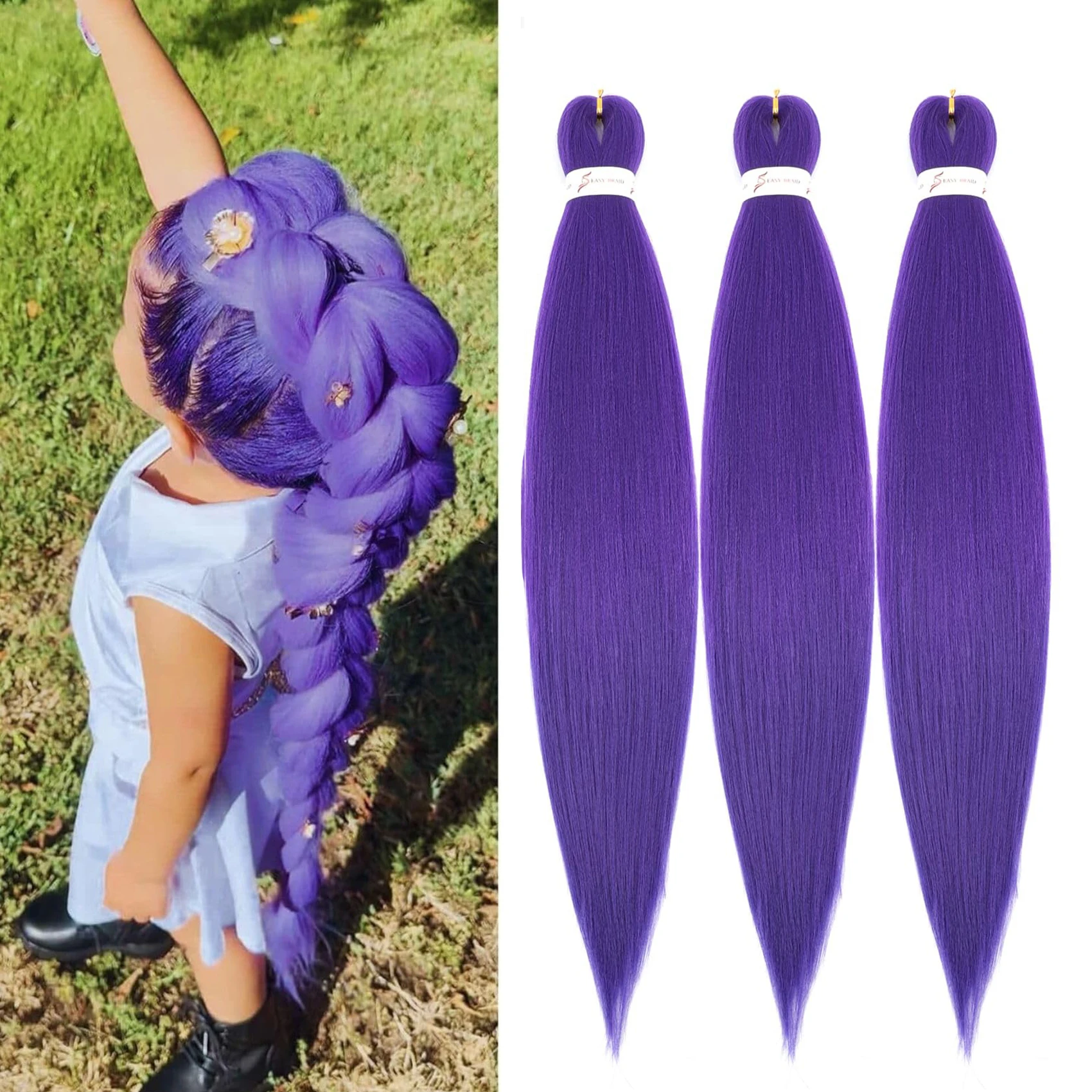 긴 보라색 브레이딩 헤어, 미리 늘린 합성 브레이딩 헤어, 브레이드 익스텐션, 무대 파티 할로윈 코스튬 코스프레용