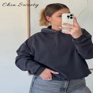 스트리트 스타일 반짝이 날개 후드 팬츠 세트 여성용 브이넥 긴팔 포켓 스웨트셔츠 스트레이트 팬츠 2025 가을 여성 시크 슈트