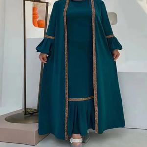 이슬람 여성 Hijab 드레스 2 조각 세트 Eid 랜턴 슬리브 맥시 롱 드레스 이슬람 의류 Caftan 기모노 빅 스윙 Abaya 드레스