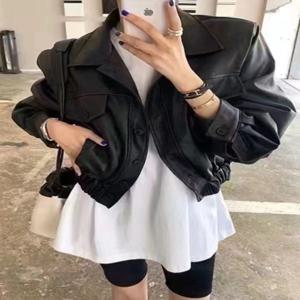 시크한 가을 겨울 PU 가죽 재킷 루즈 캐주얼 긴 소매 턴다운 칼라 숏 스타일 여성 패션 아우터웨어 코트