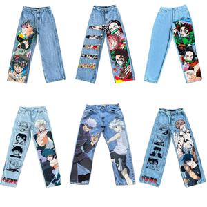 Y2K 헐렁한 청바지 애니메이션 하라주쿠 프린트 패턴 빈티지 streetwear 패션 힙합 남성 여성 하이 웨이스트 캐주얼 와이드 레그 청바지