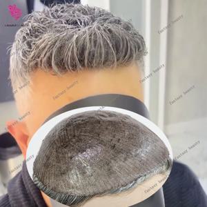 내추럴 헤어 라인 그레이 블랙 남성 투피, 슈퍼 내구성 얇은 피부 남성 가발, 전체 PU 마이크로 스킨 모세관 보형물, 1B80