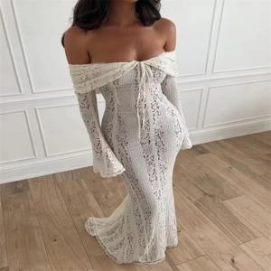 화이트 레이스 여성 댄스 파티 드레스 안감 오프 어깨 풀 슬리브 파티 가운 긴 가운 칼집 정장 인어 게스트 이브닝 가운