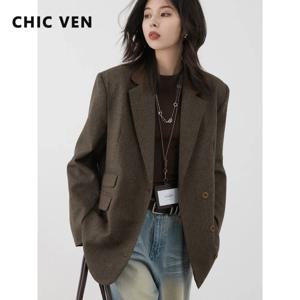 CHIC VEN 여성용 모직 블레이저, 루즈 레트로 싱글 브레스트 재킷, 중간 길이 격자 무늬 코트, 가을 겨울 2024