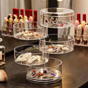 뚜껑 회전 투명 화장품 보관 상자가있는 라운드, 드레싱 테이블 및 욕실 용 보석 반지 보관 용기