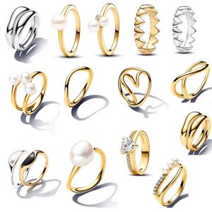 새로운 925 스털링 실버 스파클링 황금 반지 사랑 지르콘 진주 흑백 별 두 조각 세트 매력 반지 보석 선물