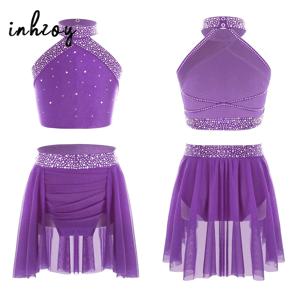 키즈 소녀 반짝 이는 라인 석 댄스 탑과 스커트 세트 현대 현대 서정적 발레 댄스 의상 피겨 스케이팅 의상