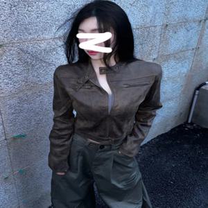 레트로 아메리칸 지퍼 오픈 가디건 PU 가죽 재킷 스트리트 스타일 숏 아우터 슬림 핏 스탠드 칼라 다용도 트렌디 여성 코트