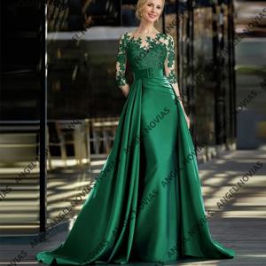 긴팔 그린 아랍 스타일 정장 어머니 드레스, 사이드 스커트 시스루 네크라인 신상 웨딩 파티 가운, 신부 드레스