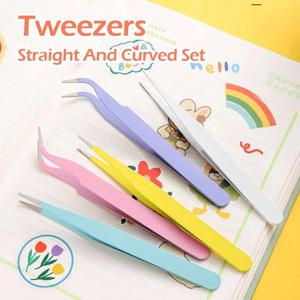 마카롱 컬러 핀셋 세트 2개, 일기/스크랩북용 직선/곡선 DIY 스티커 도구 - 학교 문구 선물로 돌아가기(핑크/Bl