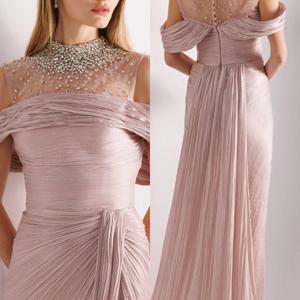 맞춤형 현대 스타일 스파클 Organza Draped Pearl Button Rhinestone 스트레이트 스쿠프 넥 롱 드레스 맞춤형 행사 드레스