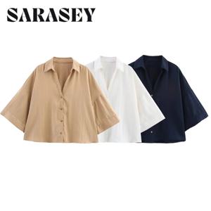 2025 여름 신상 여성 레트로 캐주얼 패션 심플 루즈핏 라펠 와이드 반팔 캐주얼 셔츠 블라우스