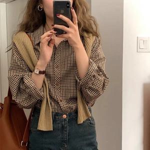 한국 스타일 긴팔 체크 셔츠 여성용 루즈핏 슬림 레이어링 빈티지 코트 봄 신상품 폴로 칼라 버튼업