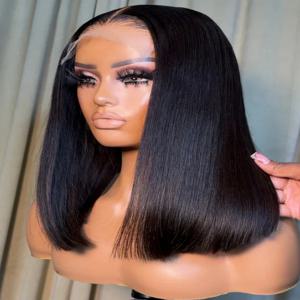 5x5 글루리스 베트남산 인모 가발, 더블 드로운 숏밥 레이스 프론트 인모 가발, 바로 착용 가능한 내추럴 블랙 컬러 250%