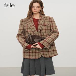 FSLE 영국 스타일 레트로 체크 울 블레이저 재킷 여성 가을 겨울 2025 신상 숏 코트 여성 투톤 테일러드 코트