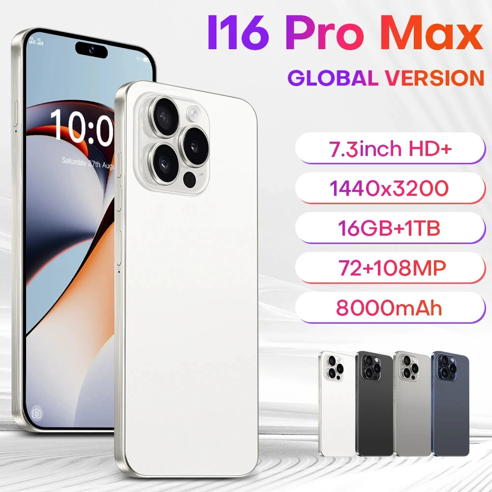 2025 HOT i16 프로 맥스 신제품 7.3HD 글로벌 에디션 오리지널 스마트 듀얼 카드 6800mAh 배터리 얼굴 인식 기능
