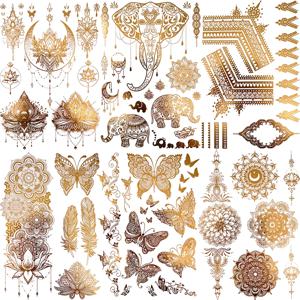 현실적인 코끼리 문 여성을위한 임시 문신 성인 가짜 나비 레이스 만다라 문신 스티커 골드 방수 가슴 문신