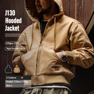 Maden 빈티지 J130 헤비웨이트 후드 자켓 캔버스 소재 클래식 디자인 지퍼 잠금과 리브 밑단 솔리드 컬러 숏 남성용 가을 스트리트 패션 포켓 포함